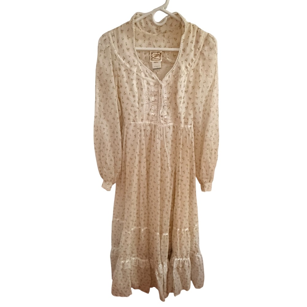 Vintage Gunne Sax Jessica McClintock Floral Prairie Dress Cream Lace Midi 51in